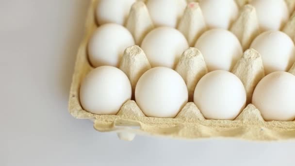 白い背景に白い卵と段ボール箱の回転 有機卵パック製品 — ストック動画