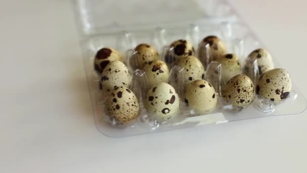 Περιστροφή Χαρτονιού Αυγά Ορτυκιού Λευκό Φόντο Σκληρό Ηλιακό Φως Βιολογικό — Αρχείο Βίντεο