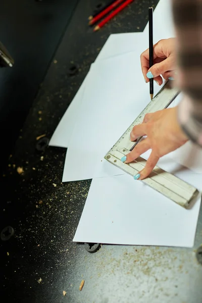Female Interior Designer Working Drawings Woman Architect Draws Ruler Plan — Stock Photo, Image