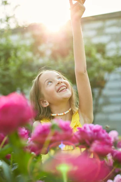 Happy Little Girl Braces Garden Bushes Peonies Child Flower Sunlight — Stock Photo, Image