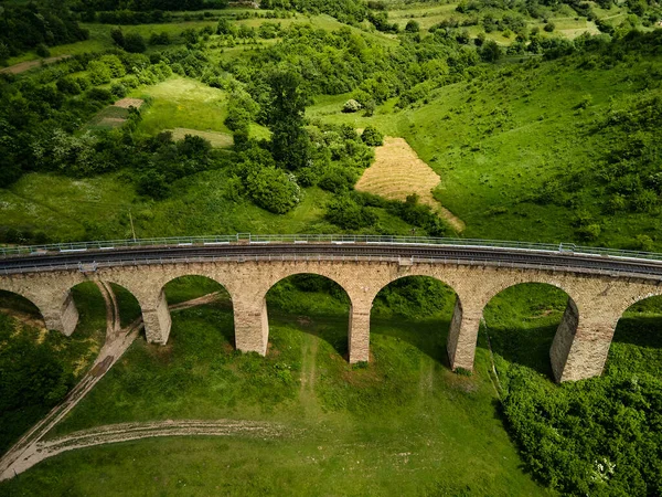 Flygfoto Gammal Järnvägs Viadukt Austro Ungerska Järnvägsbron Byn Plebanivka Ternopil — Stockfoto