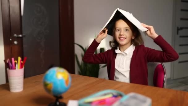 Happy Schoolgirl Smart Girl Arms Put Workbook Head Back School — Stock video