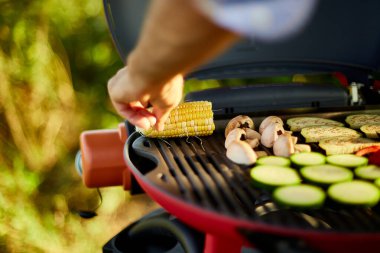 Arka bahçedeki ızgarada sebzeleri kızartan sebzeleri, ızgarada sebzeleri, yaz aile pikniğini, doğadaki yiyecekleri yakın plan yapın..