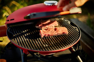 Adam gaz ızgarasında et kızarttı arka bahçede ızgara ızgara et, ızgara et, yaz aile pikniği, doğada yemek..