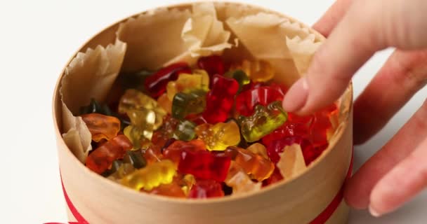 Woman Hand Take Present Box Tasty Jelly Bears Candy White — Αρχείο Βίντεο