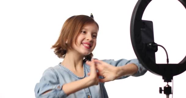 Smiling Little Girl Blogger Casual Denim Dress Use Selfie Led — Video Stock