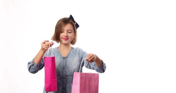 Pretty Child Girl Casual Denim Dress Hold Hand Pink Shopping — Stock videók