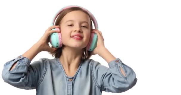 Girl Teenager Casual Denim Dress Listening Music Headphones White Background — Video Stock