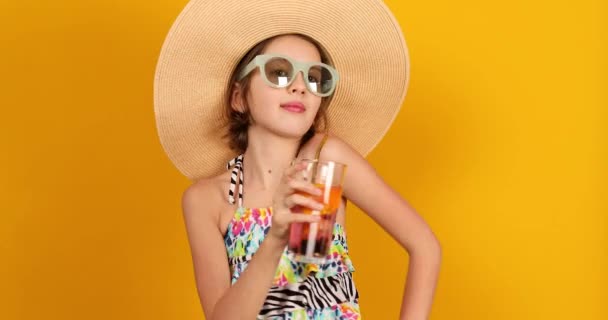 Child Teenager Girl Swimsuit Straw Hat Lemonade Metal Straw Studio — Stock Video