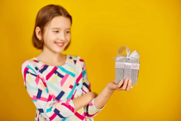 Nice Child Teenage Girl Hold Silver Present Box Hand Studio — Stock Photo, Image