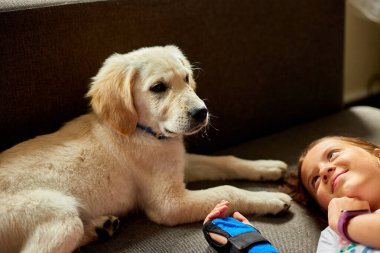 Mutlu genç kız kanepede uzanıyor ve köpek yavrusu Golden Retriever 'ı kucaklıyor, evcil hayvanları seviyor, evdeki arkadaşlarını seviyor.