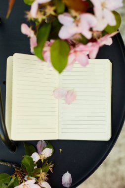 Açık defter ve çiçekler ve güneşli bir günde evdeki terasta küçük siyah masa, açık çalışma alanı, yaz dinlenmesi, notlar, fikirler, planlama