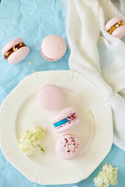 Mavi arka planda çeşitli tatlı Fransız pembe badem kurabiyeleri. Taze çiçekler, hamur işleri, tatlı hoşgörü..