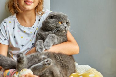 Kırık kollu genç bir kız. Ortopedik alçı. Evde kediyle oynuyor..