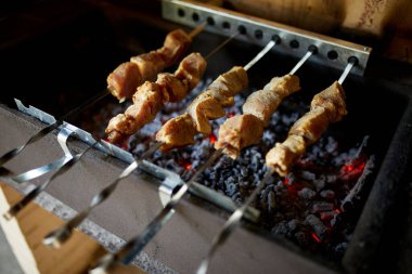 Kebap şişleri, bir evin arka bahçesindeki ızgaranın sıcak kömürlerinin üzerinde pişiyor ve yaz aşçılık geleneğini vurguluyor..