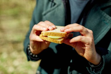 Bir insan, doğal güzellik ve sıcak güneş ışığıyla çevrili sakin bir açık havada ev yapımı ekmek ve taze elma dilimleriyle bir sandviç tutar..