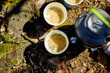 Bir grup arkadaş dışarıda rahatlar, kağıt bardaklardan sıcak içecekler yudumlarlar. Parlak güneş ışığı, yosunlu zemindeki bir su ısıtıcısının yanında buluşmalarını aydınlatır..