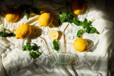 Parlak sarı limonlar ve taze fesleğenler, İtalya 'da ferahlatıcı bir yaz limonatası hazırlığı için buz küpleri ve bardaklarla düzenlenerek canlı ve davetkar bir atmosfer yaratılıyor..