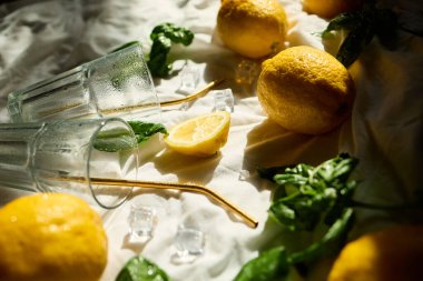 Parlak sarı limonlar ve taze fesleğenler, İtalya 'da ferahlatıcı bir yaz limonatası hazırlığı için buz küpleri ve bardaklarla düzenlenerek canlı ve davetkar bir atmosfer yaratılıyor..