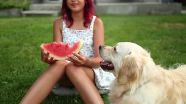 Kızıl saçlı bir kız yeşil çimlerde oturan bir dilim karpuzu ısırıyor. Yanında bir Golden Retriever duruyor ve güneşli bir gün yaz meyvelerinin tadını çıkarmak için mükemmel..