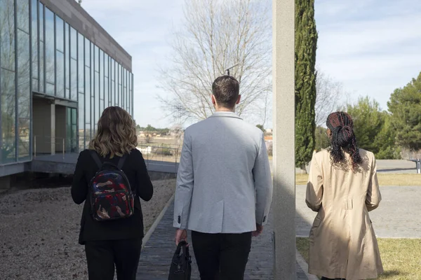 Modern ofise doğru yürüyen iş adamlarının arka fotografı.