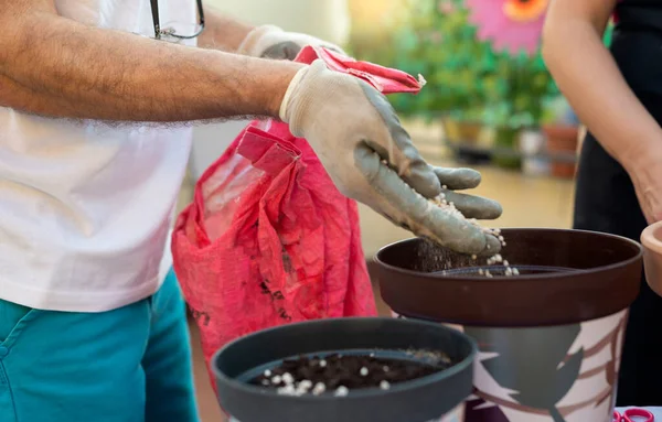 Close-up of a man\'s hands with gloves on, putting compost and fertilizer in a flower pot