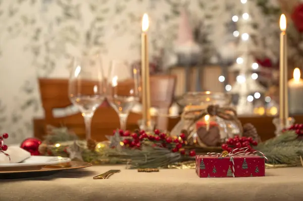 Close-up of a gift on a Christmas Eve table