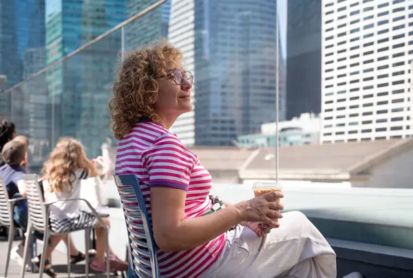 Adult Woman Enjoying Coffee Sunny Rooftop Skyscrapers Background Stock Image
