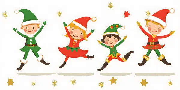 stock image  Festive cartoon elves jumping and celebrating Christmas