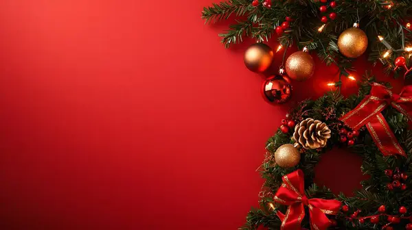 Kırmızı zemin üzerinde kırmızı ve altın süslemeli Noel çelengi.