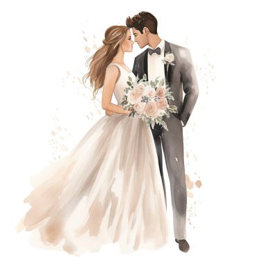 Vector watercolor hand drawn wedding couple clipart