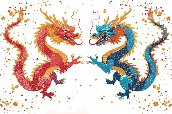 Vector Double Chinese Dragon Confetti White Background — Stock Vector