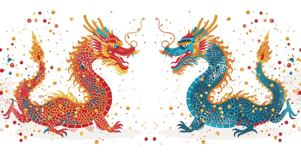 Vector Double Chinese Dragon Confetti White Background — Stock Vector