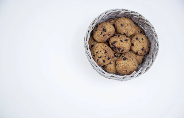 Chocolate Chip Cookies Bamboo Basket Isolated White Background — Stock Photo, Image