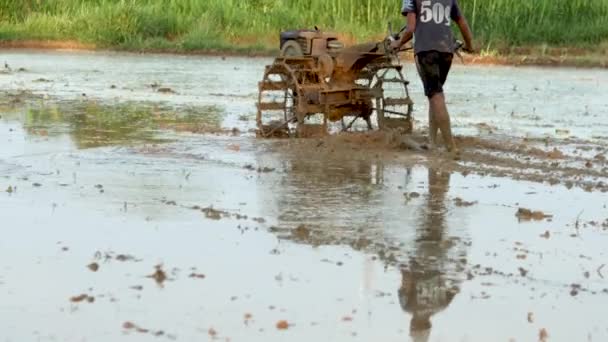 Sumenep Regency 인도네시아 2023 농부는 아침에 심기를위한 토양을 준비하기 트랙터로 — 비디오