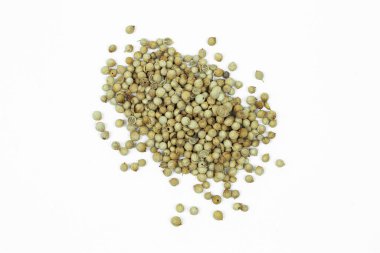 Beyaz arka planda izole edilmiş kurutulmuş kişniş tohumlarını kapatın. Üst görünüm