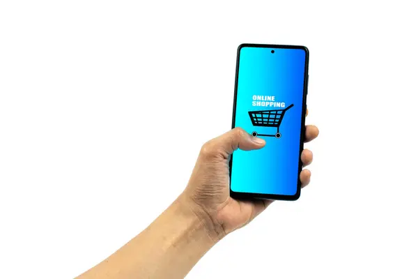 stock image Online shopping concepts. Man hand using smartphone for online shopping isolated isolated on white background. All screen graphics are made up.