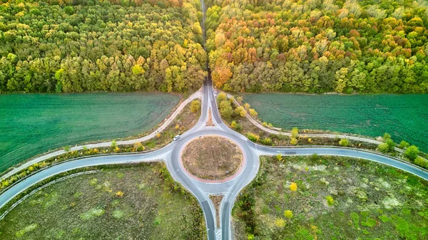 Aerial View Circular Road Intersection Beautiful Autumn Forest Aerial View — Stock Photo, Image