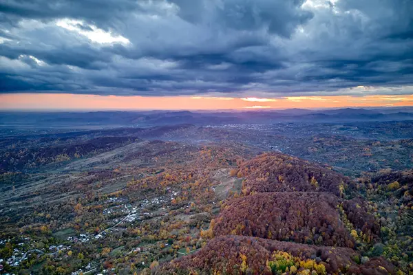Aerial Top View Autumn Forest Hills Romania Autumn Landscape — Stock Photo, Image