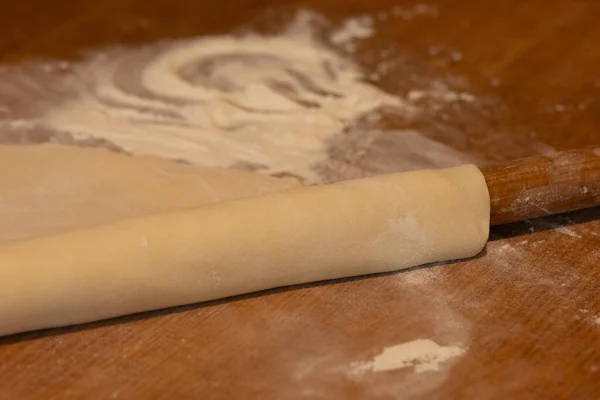 Rolled Out Dough Gurney Background Flour — Stock Photo, Image