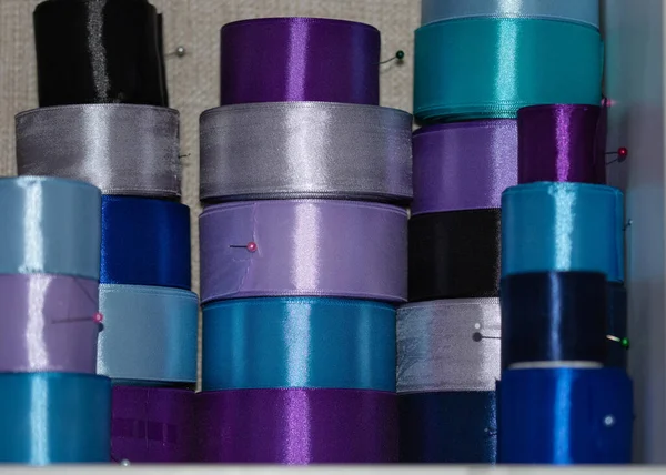Colored Satin Ribbon Lilac Purple Hue Rolls — Stock Photo, Image