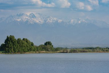 manzara, doğanın güzelliği göl ağaçları ve karla kaplı dağlar