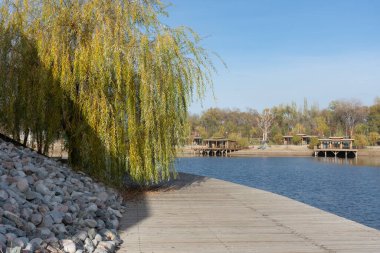 Güzellik arka planı, gölün kıyısındaki ahşap kıyı, uygun çözüm..