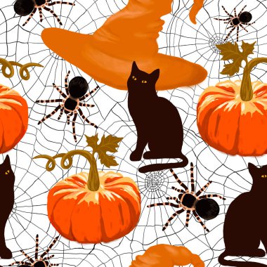  Cadılar Bayramı balkabağı, kedi, örümcek, örümcek ağı gibi kusursuz desenler. Cadılar Bayramı için sonbahar arkaplanı