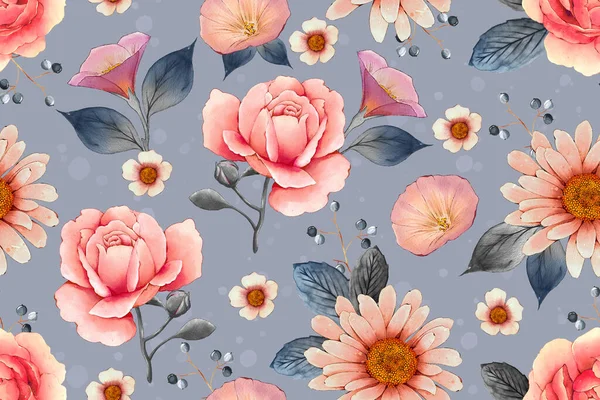 Seamless Pattern Roses Flowers Leaves Hand Drawn Background Floral Pattern — Stock Photo, Image