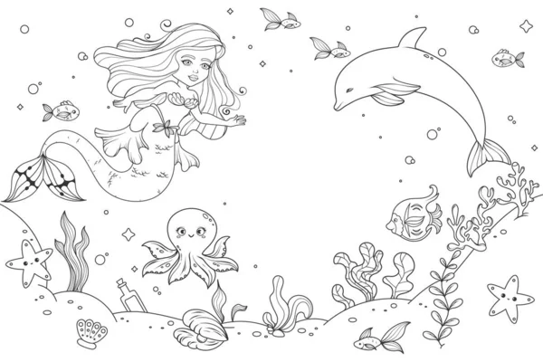 海の動物たちと一緒に海底にいる人魚 ベクター 印刷可能な子供の絵本のためのページ ベクターブラックとホワイトアウトラインカラーページ — ストックベクタ