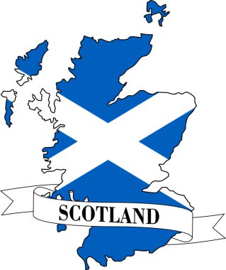 İskoçya haritası İskoç bayrağıyla örtülmüş ve adı bir kurdelede yazılı.