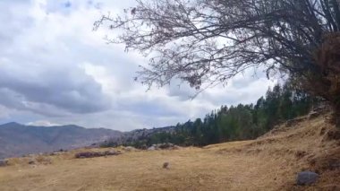 Ağaçların zaman kayması, uzak dağlar, uzak orman ve Peru 'nun Cusco şehrinde bulutlu gökyüzü.