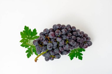 Taze meyve, mor üzüm, Kyoho üzümü ve beyaz arka planda yapraklar.