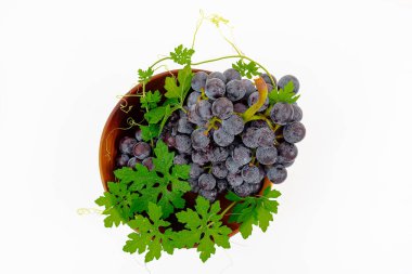 Taze meyve, mor üzüm, Kyoho üzümü, beyaz arka planda izole edilmiş tahta bir fincanda yapraklar.
